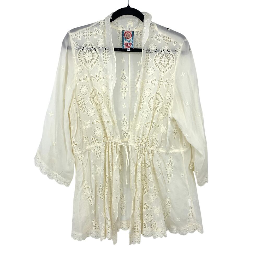 Johnny Was Jacket Womens XL Ivory Eyelet Embroidered Kimono Drawstring Boho